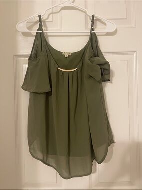 Lily White Olive Green Cold-Shoulder Chiffon Camisole with Gold Accent